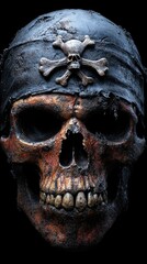 Realistic pirate skull wearing a tattered bandana with a crossbones emblem, dark background