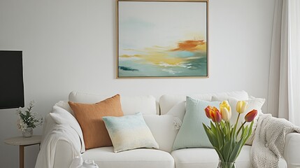 Abstract Landscape Art Above White Sofa With Pillows