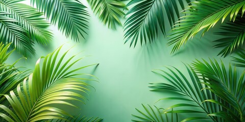 Obraz premium Lush Green Tropical Palm Fronds Arranged on a Soft Mint Background, Creating a Vibrant and Serene Natural Border