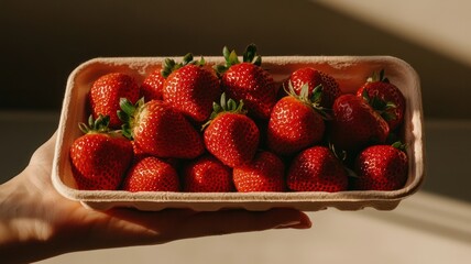 Handheld Organic Plant-Based Strawberries in Natural Light Indoor Setting Fresh Produce Focus