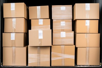 Stacks of labeled cardboard boxes, neatly arranged and secured inside a truck, ready for transportation and delivery.