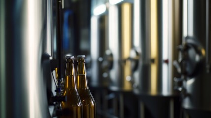 Brewery with fermentation tanks and bottling line. Featuring beer production. Highlighting craftsmanship and quality. Ideal for brewery industry visuals.