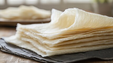 Close-up of delicate, layered rice paper sheets on a rustic table, with blurred background elements