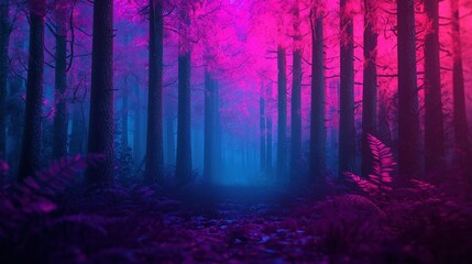 Surreal Forest Scene with Vibrant Purple and Blue Light Effects