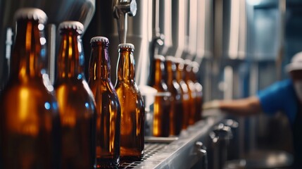 Brewery. Workers brewing and bottling craft beer. Emphasizing craftsmanship and quality in brewing. Ideal for food and beverage industry articles.