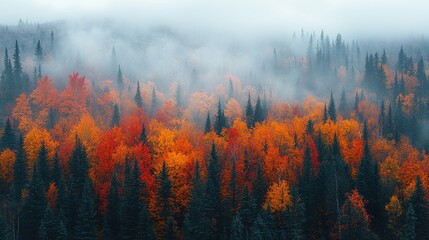 Vibrant autumn forest landscape with colorful foliage under a misty sky, serene and tranquil