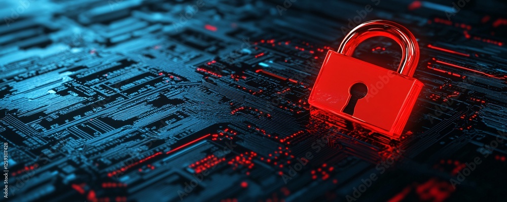 Poster Red padlock protecting computer circuit board from cyber attacks