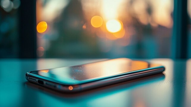 Modern smartphone on a table,  blurred sunset view outside the window.