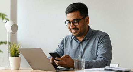 A man is sitting at a desk with a laptop and a cell phone