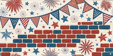 Obraz premium 4th of July Banner, Brick Background, Patriotic Celebration, USA Independence Day, American Flag, Festive Design, Red White Blue, Brick Wall, Copy Space, Holiday Banner