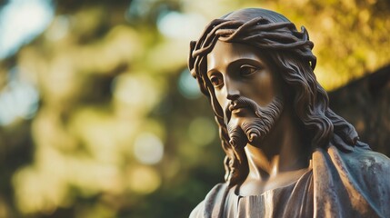 Statue of jesus is the background. Young girl in red dress and man in a blue dress and a man in a blue dress. Christ the king of christ. In the background, there is a statue of lifestyle jesus.