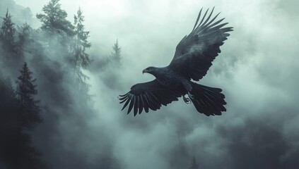 mystical raven soars through ethereal mist shrouded forest landscape creating atmospheric drama