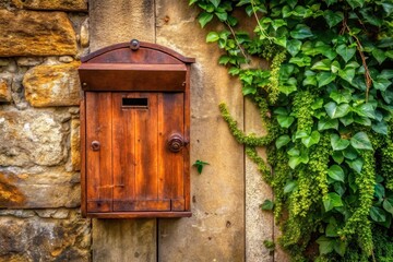 Rustic Wooden Mailbox Adorned with Lush Green Vines on a Stone Wall