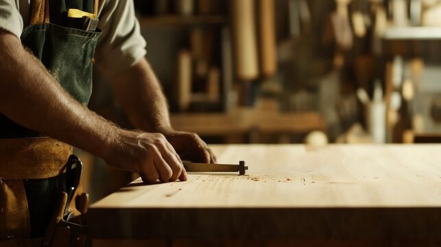 Carpenter working on a wooden table in a workshop. Wearing a tool belt and safety goggles. Emphasizing woodworking skills and craftsmanship. Ideal for DIY guides.