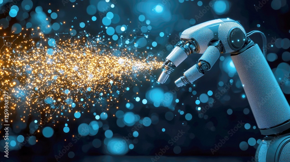 Poster the dawn of ai: a robotic hand creates a network of digital innovation, symbolizing technological ad