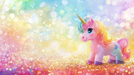 Charming unicorn pony party scene, rainbow pastel backdrop, gold glitter highlights, magical bokeh effect, soft and delicate color palette, high resolution