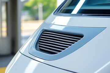 Close-up of a modern white vehicle's front grill, showcasing a sleek, angled design with thin horizontal vents.