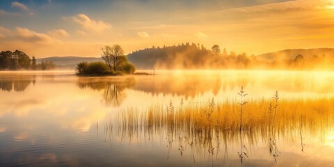 Fototapeta premium Golden Hour Serenity Misty Lake at Sunrise with Silhouetted Trees and Reeds Reflecting in Calm Waters