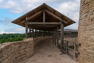 View of the gallery of the Izborsk fortress Wall on a sunny summer day, Izborsk, Pskov region,...