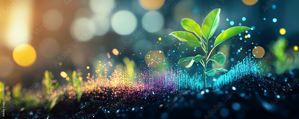 Poster small plant growing from soil with futuristic digital data visualisation