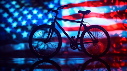 Fototapeta premium Silhouette of a vintage bicycle, glowing against a holographic American flag, neon style, futuristic, ultra-sharp contrast, high-tech vibe