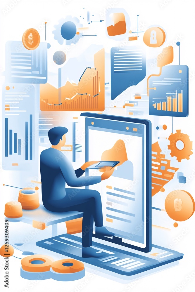 Poster Businessman working with data analysis on multiple devices