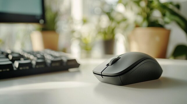 Modern wireless computer mouse on a desk with keyboard and houseplants.