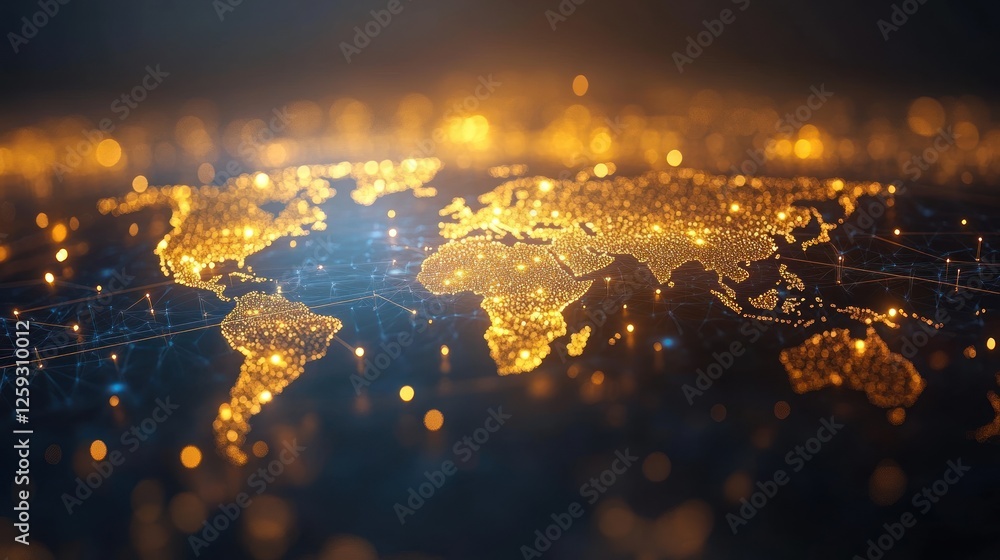 Poster global network illuminated world map showing interconnections