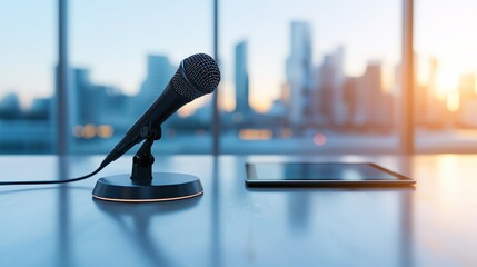 Minimalist shot of a black microphone and a tablet on a table, overlooking a bustling city through a floor-to-ceiling window, tech-forward media concept