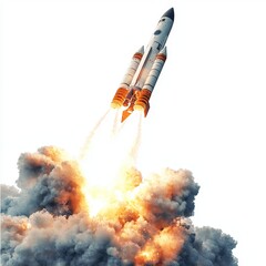 Launching Rocket Soars Through Vibrant Clouds with Flames and Smoke During Space Exploration Endeavor