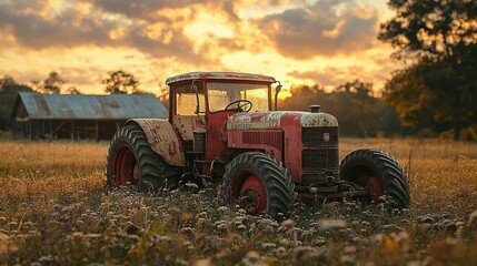Fototapeta premium Rustic Farm Tractor at Golden Hour Sunset