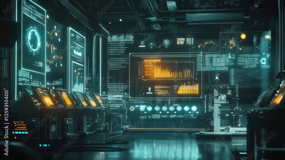 Poster futuristic data analysis lab with high-tech interfaces and equipment