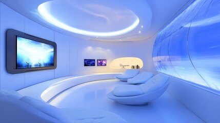 Futuristic Relaxation Room Design: Serene Blue Ambiance