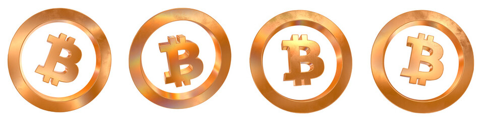 Set of 4 3d bitcoin coin outline shapes with golden and rainbow effects isolated on a transparent background. 3d elements for graphic design.