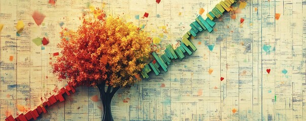 Colorful tree growing through upward trending graph on newspaper background