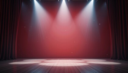 Dramatic stage with red curtains and bright spotlights ready for performance