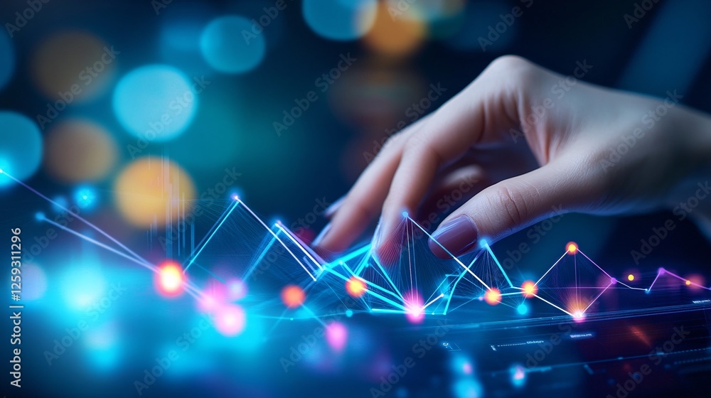 Poster businesswoman analyzing graph on futuristic touchscreen interface