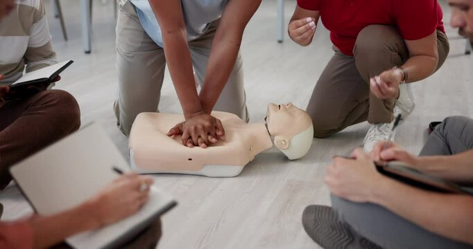 People, hands and CPR with dummy for lesson, class or emergency healthcare practice on floor at office. Group, employees or students with mannequin for first aid training, life saving or procedure