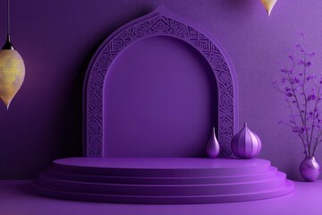 podium placement background on the theme of ramadan in purple colour following rule of third, with generative ai