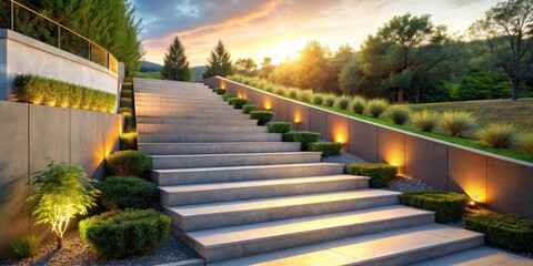 Obraz premium Serene Evening Illumination of a Landscaped Staircase Ascending a Gently Sloping Hillside