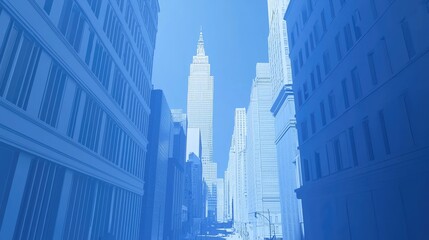 Tall skyscraper surrounded by urban buildings under a clear blue sky, showcasing city life