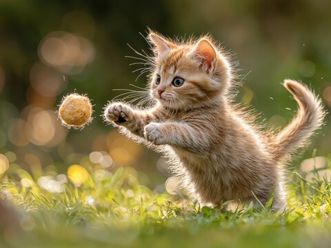 A small, fluffy orange kitten leaps joyfully after a fuzzy ball in a sun-kissed garden. The vibrant green grass enhances the playful atmosphere of the moment. - Powered by Adobe