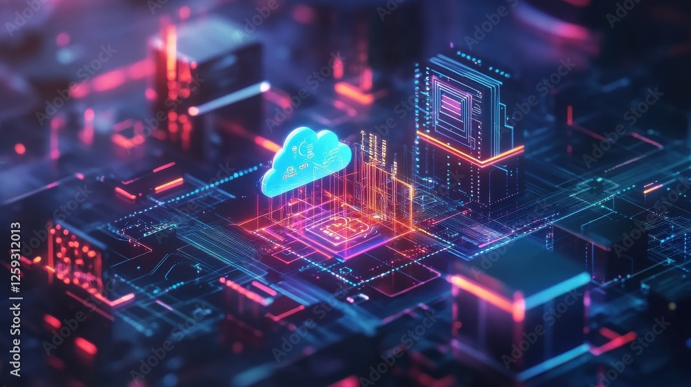 Poster futuristic digital cloud computing network with colorful graphics
