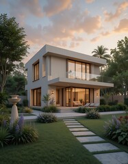 Fototapeta premium Modern Architectural House with Garden Design during beautiful Sunset