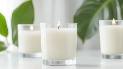 Lit candles, serene home ambiance, plant backdrop, relaxation