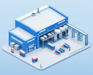 A modern blue industrial warehouse with storage areas, equipment, and a loading dock, set against a light background.