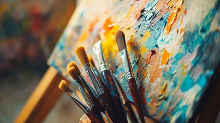Obraz premium High-resolution photo of a collection of artistic paints and brushes arranged on an easel. Soft light highlighting the colors. Emphasizing creativity and art. Perfect for painting and craft content.