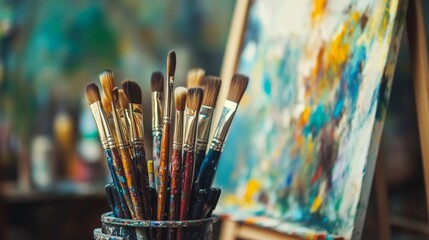 Fototapeta premium High-resolution photo of a collection of artistic paints and brushes arranged on an easel. Soft light highlighting the colors. Emphasizing creativity and art. Perfect for painting and craft content.