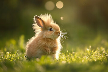       There is a small rabbit sitting in the grass on a cloudy day