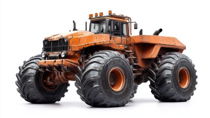 Obraz premium Heavy-duty orange monster truck with large tires on white background